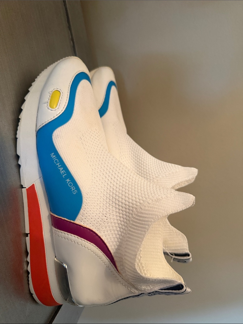 Michael Kors White Slip-On Sneakers with Blue and Purple Accents